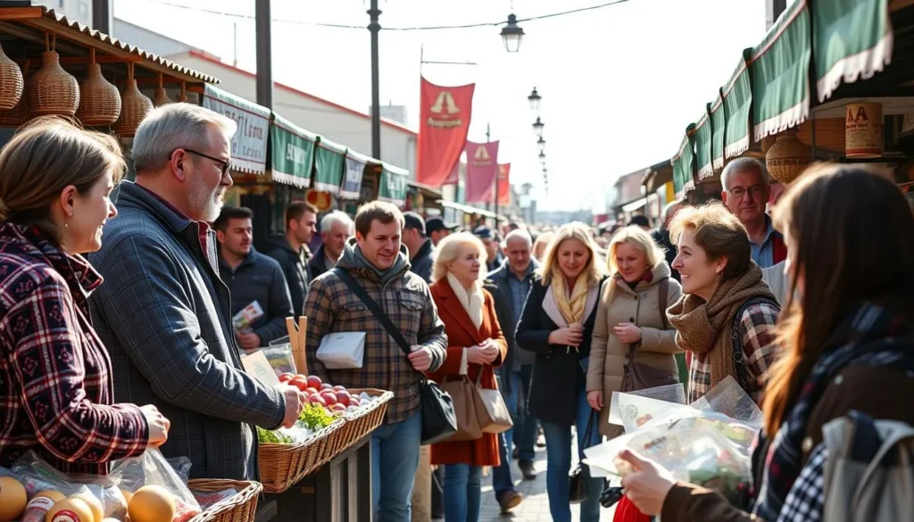 Local residents and tourists interacting in a Tomsk market with traditional Russian goods Local residents and tourists interacting in a Tomsk market with traditional Russian goods