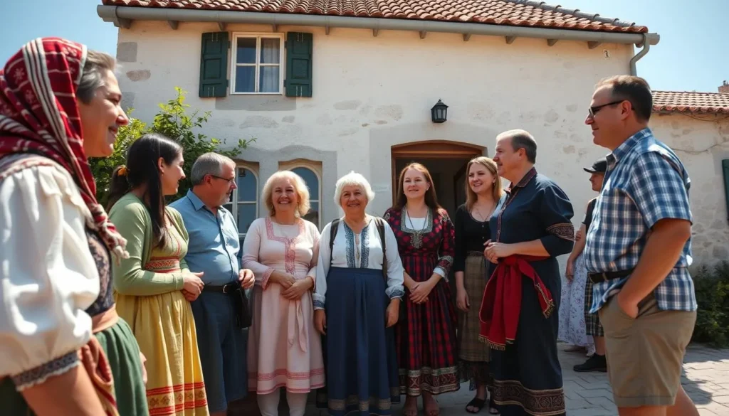 Local residents in traditional dress welcoming visitors in Kumroec