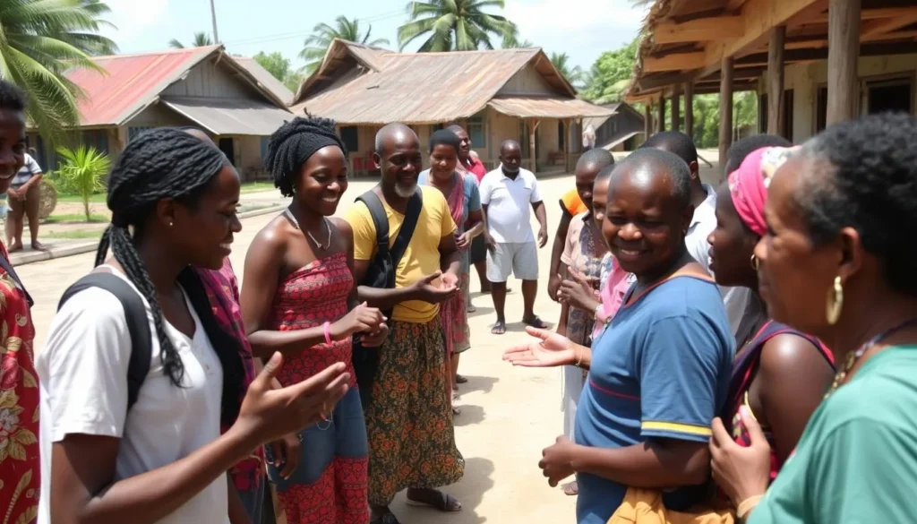Local residents of Wakenaam Island greeting visitors with traditional hospitality