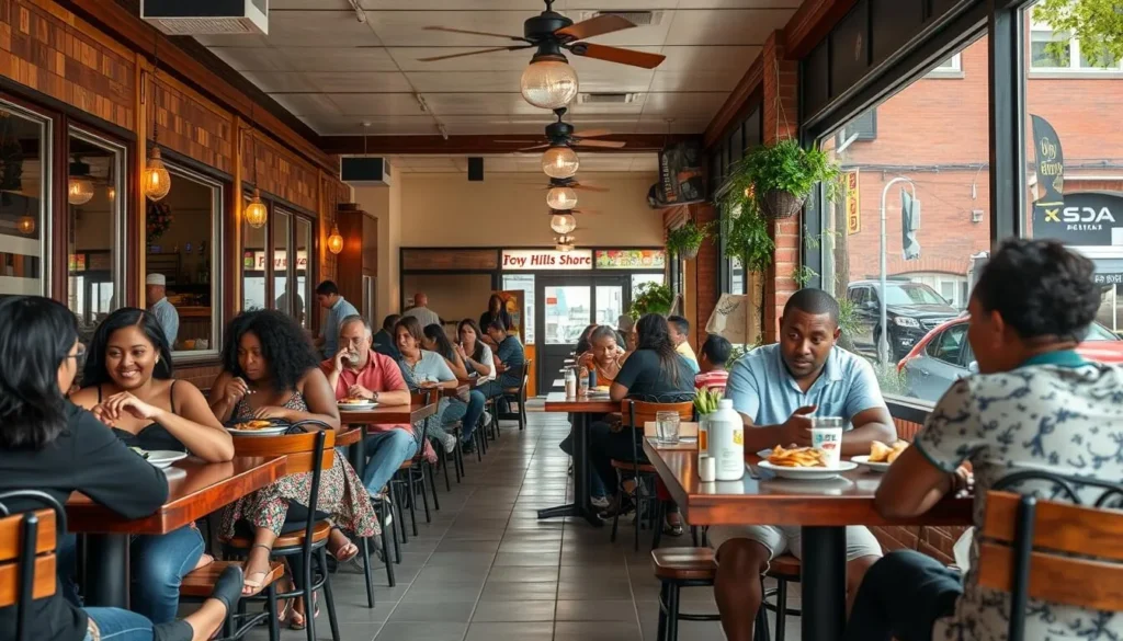 Local restaurant in Penn Hills with diners enjoying meals at outdoor tables on a pleasant day