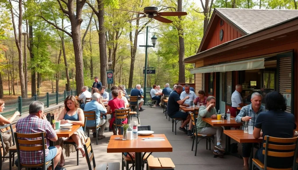 Local restaurant near Beltzville State Park with outdoor seating and forest views Local restaurant near Beltzville State Park with outdoor seating and forest views