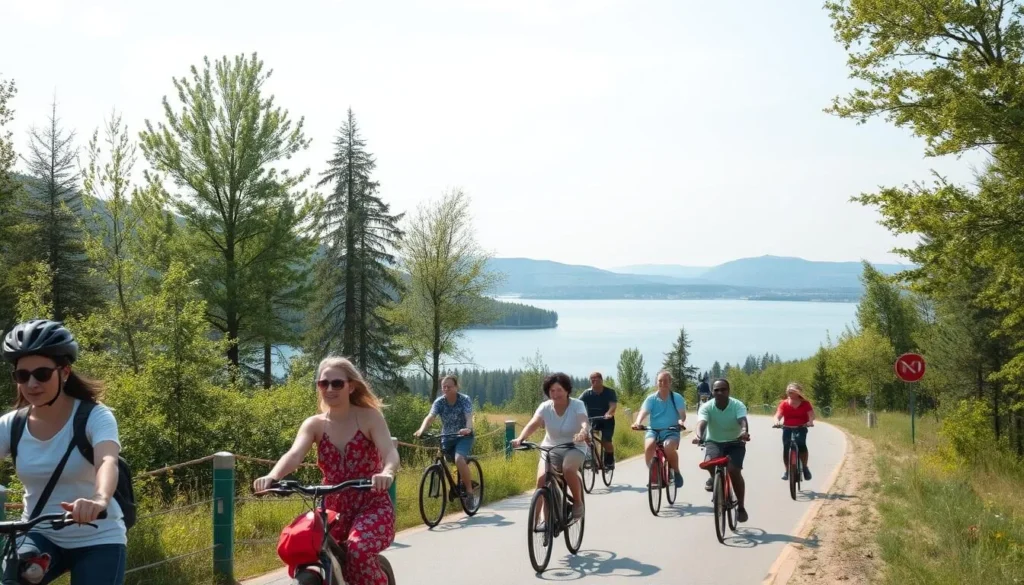Local road near Lake Plescheevo with cyclists and pedestrians enjoying the scenery