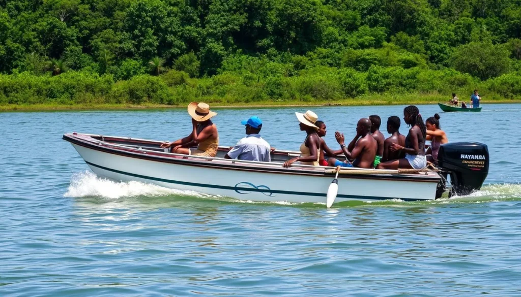 Local speedboat transportation on the Essequibo River with passengers traveling to Wakenaam Island