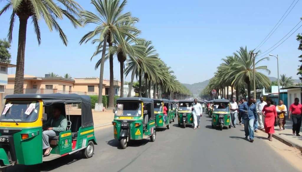 Local transportation in Bahir Dar showing bajaj (tuk-tuks) and people walking along palm-lined streets
