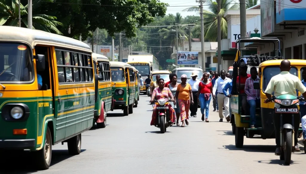 Local transportation in Linden with minibuses and pedestrians on a main street with shops in the background