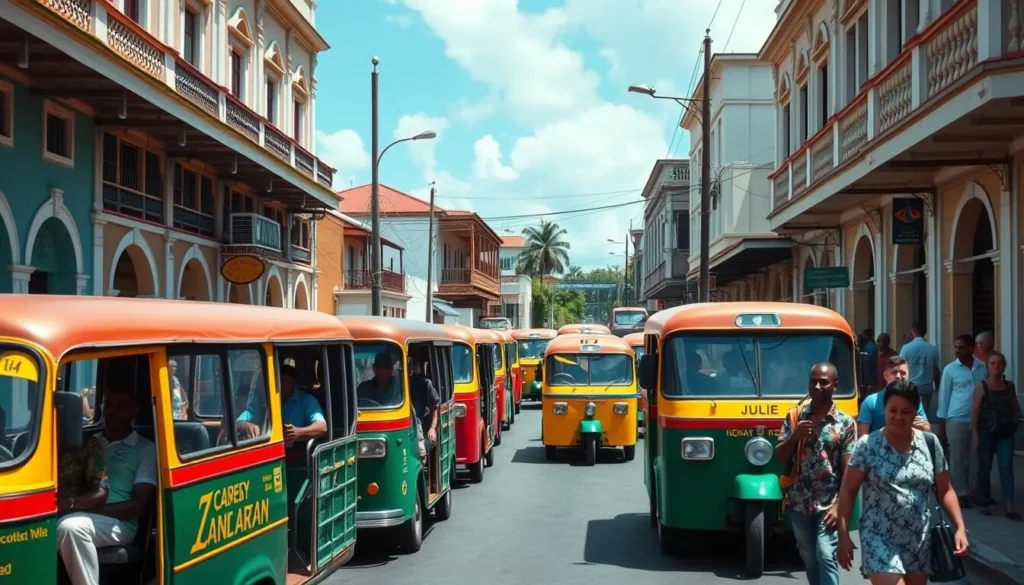 Local transportation in New Amsterdam with minibuses and pedestrians on a busy street