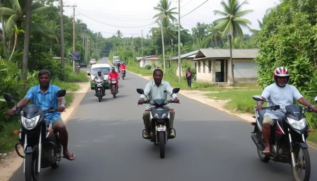 Local transportation on Leguan Island showing motorcycles and bicycles