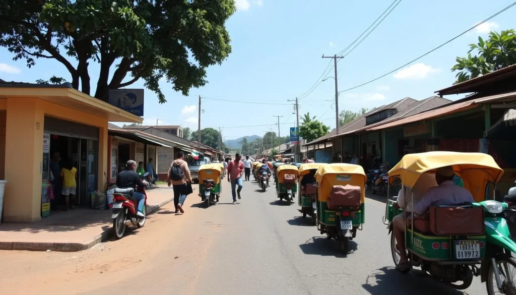 Local transportation options in Fort Portal with boda bodas (motorcycle taxis) and pedestrians, showing Fort Portal Uganda things to do Local transportation options in Fort Portal with boda bodas (motorcycle taxis) and pedestrians, showing Fort Portal Uganda things to do
