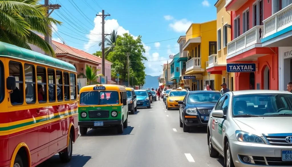 Local transportation options in Gros Islet including colorful minibuses and taxis
