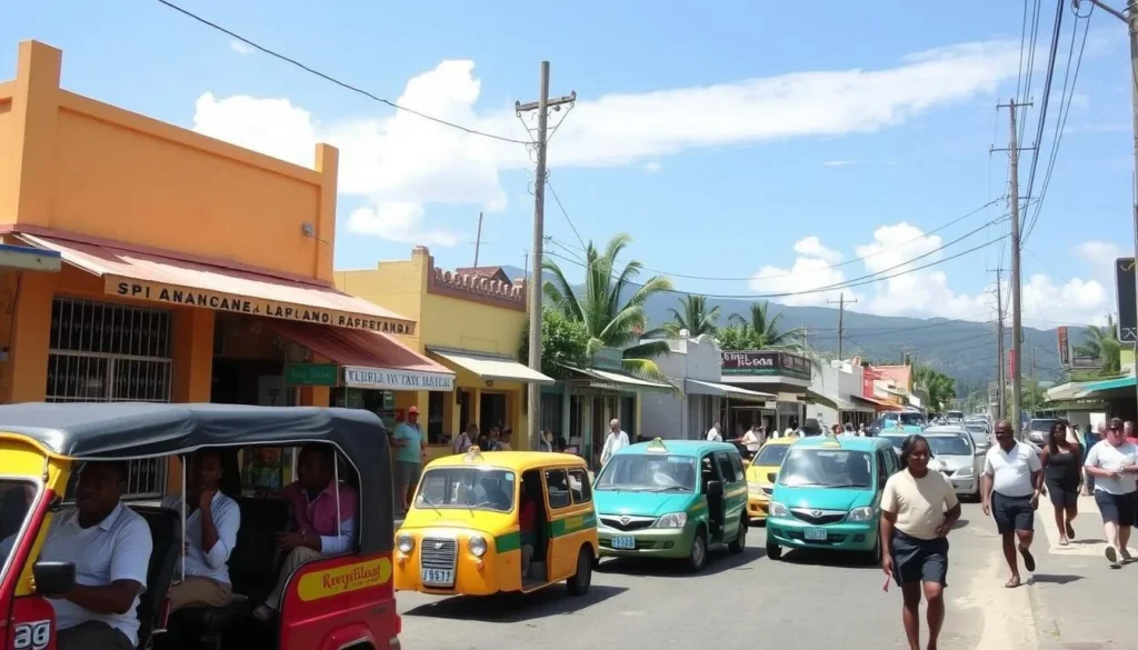 Local transportation options in Mandeville with taxis and pedestrians on a sunny day