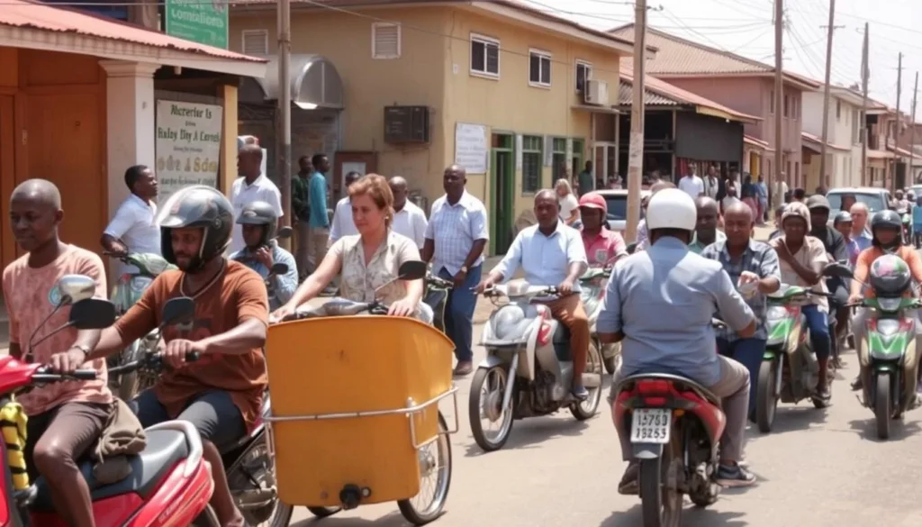 Local transportation options in Masaka town with boda-bodas and pedestrians