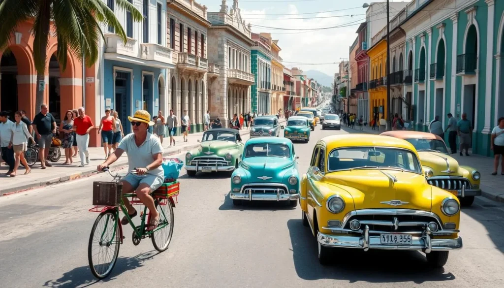 Local transportation options in Sagua la Grande Cuba with bici-taxis carrying tourists through the historic streets