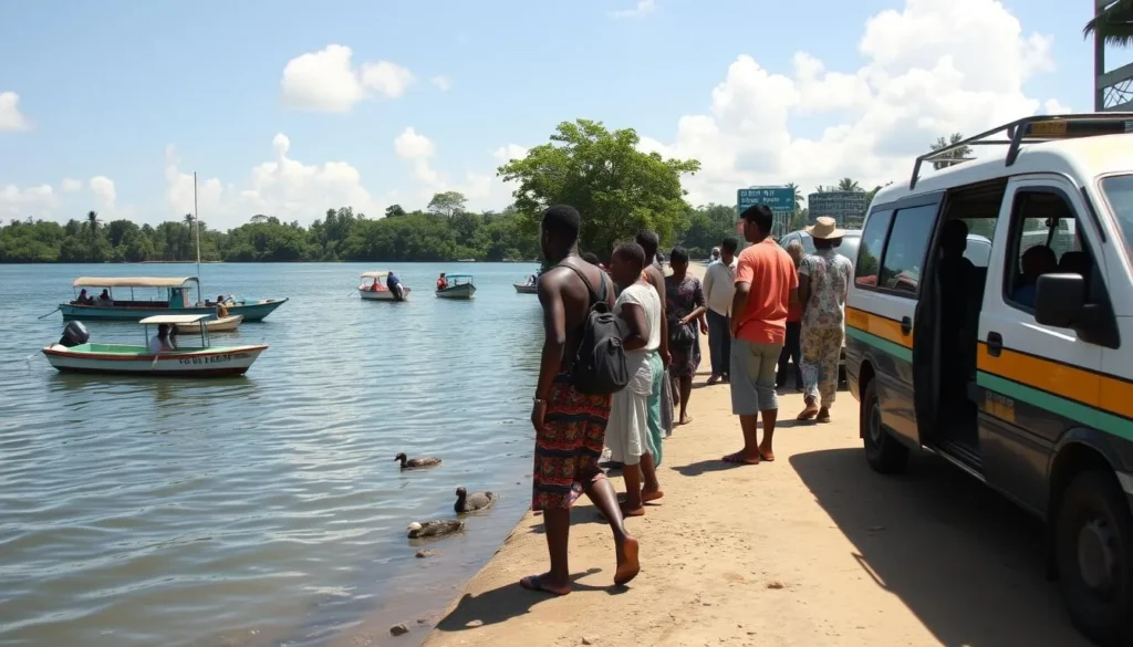 Local transportation options near Lake Mainstay with boats on the water and taxis waiting nearby
