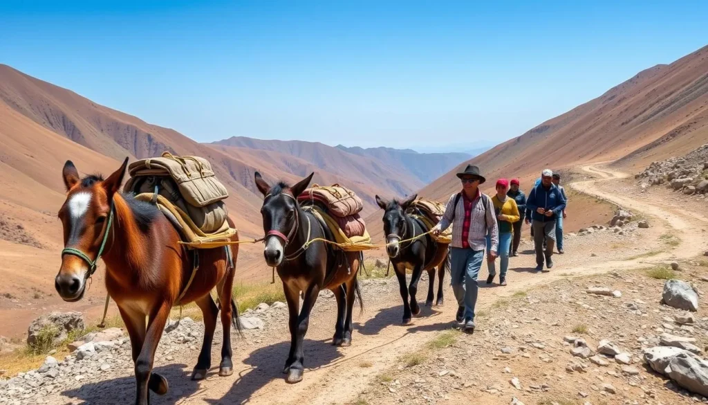 Local transportation options near Mount Ras Dashen with mules carrying trekking equipment