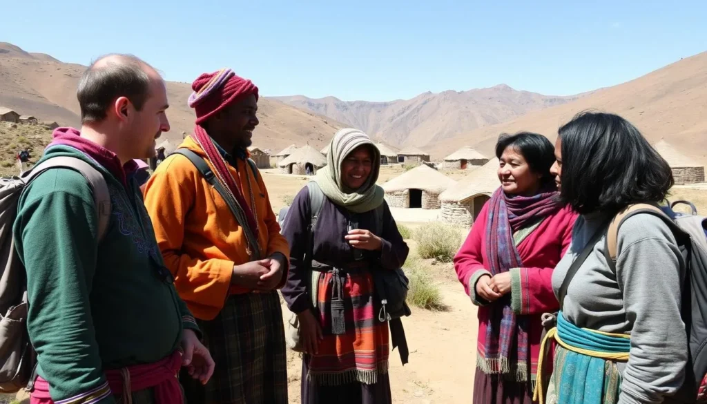 Local villagers in traditional dress near Mount Ras Dashen interacting with trekkers