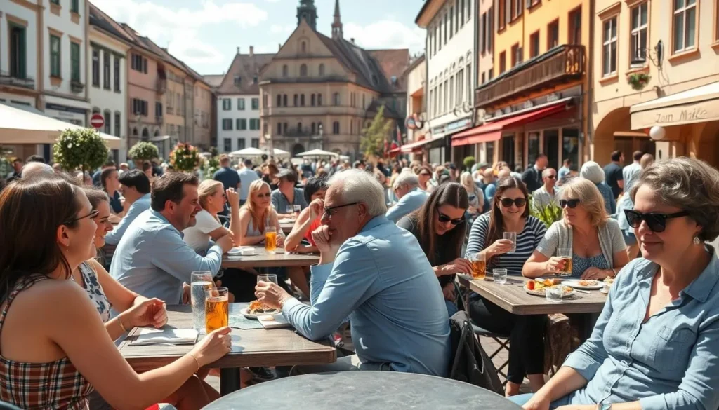 Locals and tourists enjoying outdoor café culture in Freiburg