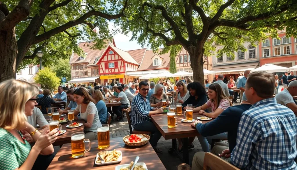 Locals and tourists enjoying traditional Bavarian beer garden culture in Regensburg