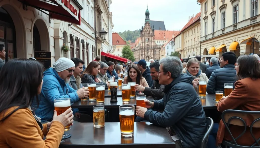 Locals and tourists enjoying traditional Czech beer at an outdoor café in Prague