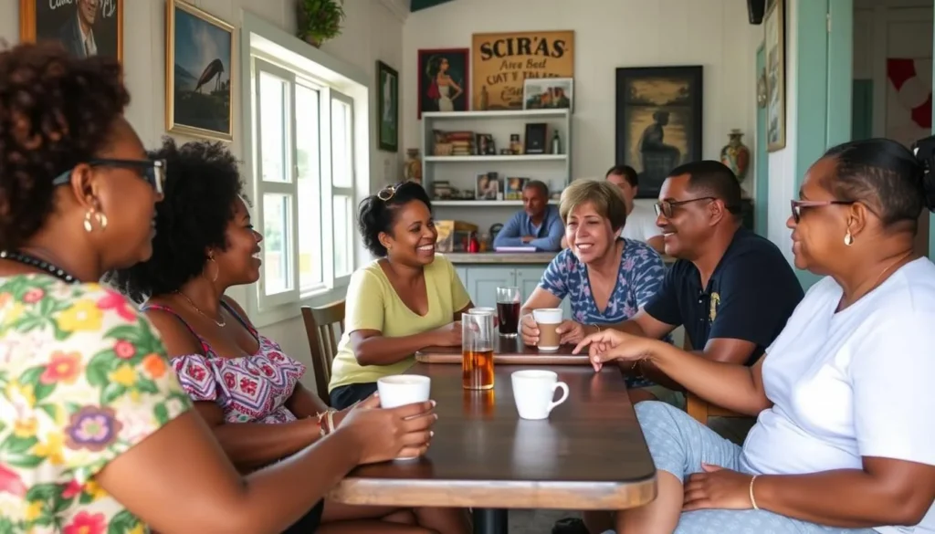 Locals and tourists interacting in a small cafe in Terre-de-Haut
