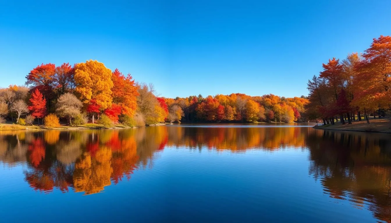 Locust-Lake-in-autumn-with-colorful-fall-foliage-reflecting-in-the-water Locust Lake in autumn with colorful fall foliage reflecting in the water