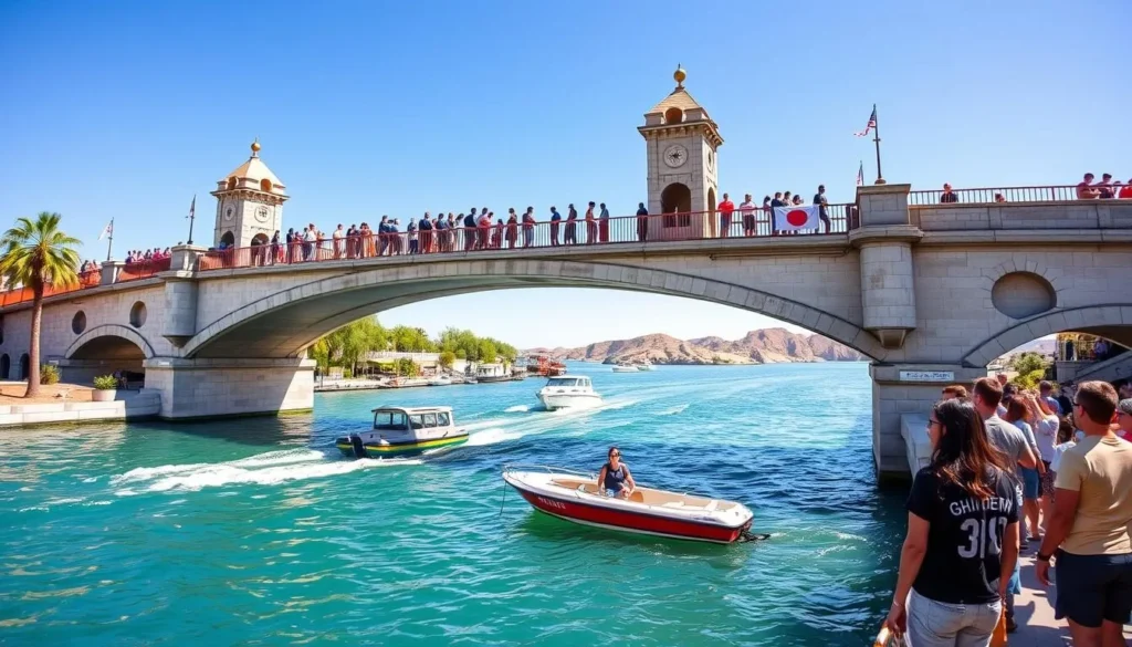 London Bridge at Lake Havasu with boats passing underneath and tourists walking across London Bridge at Lake Havasu with boats passing underneath and tourists walking across