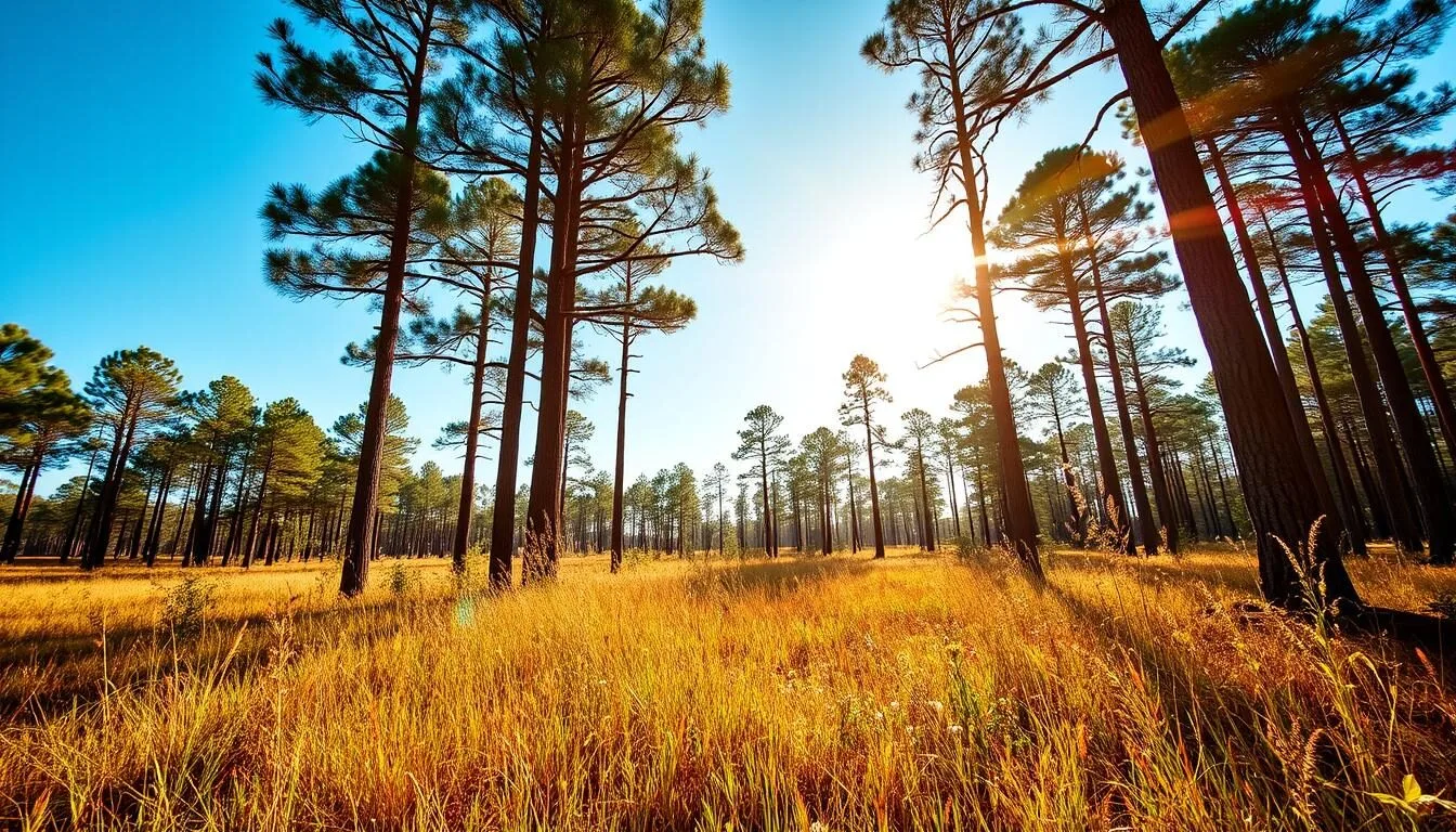 Longleaf-pine-savanna-at-Abita-Creek-Flatwoods-Preserve-Louisiana-with-golden-sunlight Longleaf pine savanna at Abita Creek Flatwoods Preserve Louisiana with golden sunlight filtering through tall pines