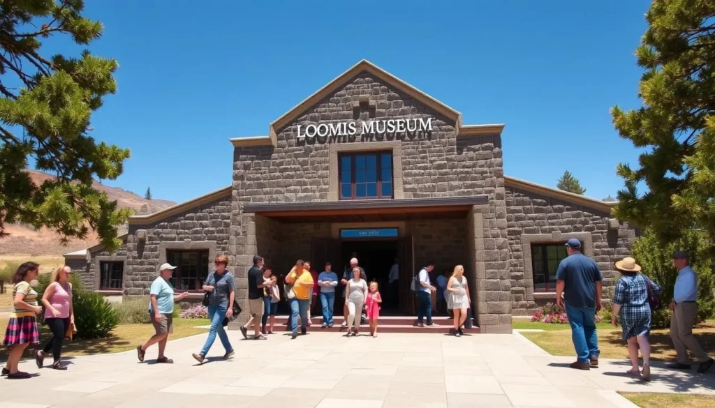 Loomis Museum exterior with visitors learning about Mount Lassen California things to do Loomis Museum exterior with visitors learning about Mount Lassen California things to do