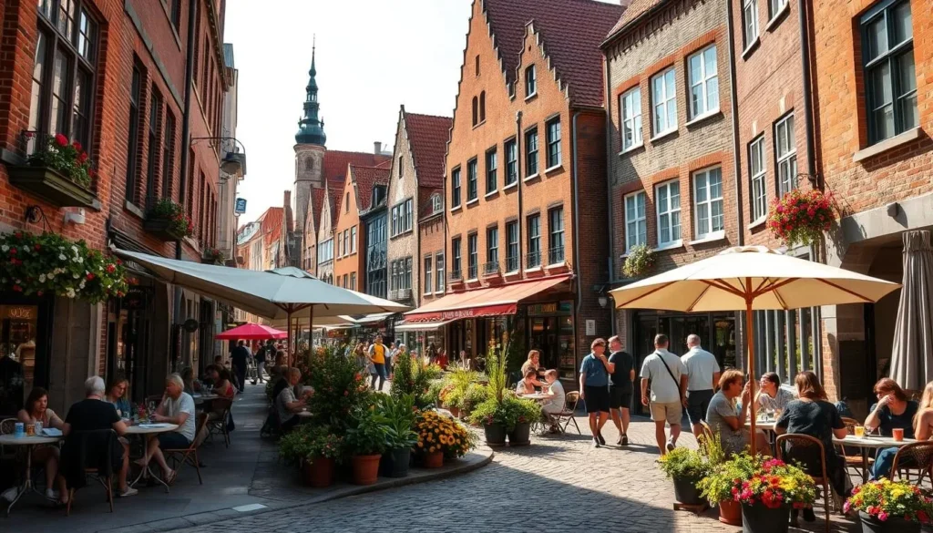 Lübeck's Old Town in summer with outdoor cafes, blooming flowers, and visitors enjoying the pleasant weather