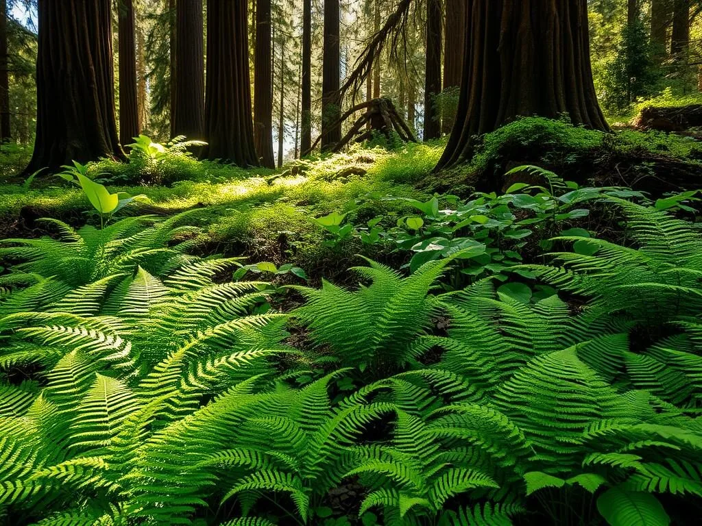 Lush fern understory beneath redwood trees in Montgomery Woods State Natural Reserve California Lush fern understory beneath redwood trees in Montgomery Woods State Natural Reserve California