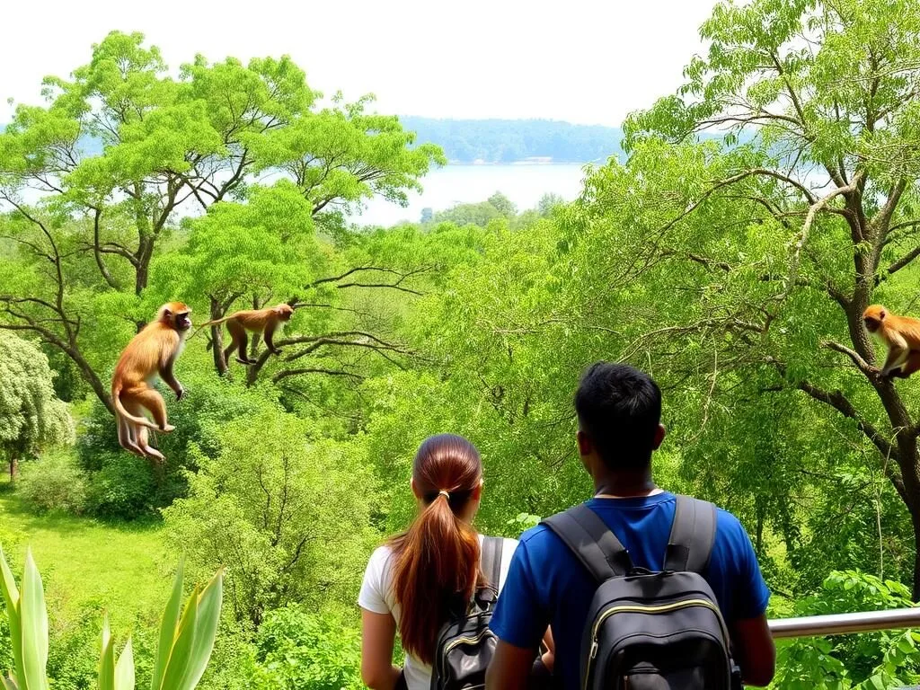 Lush green Amora Gedel Park with monkeys in the trees and views of Lake Awassa