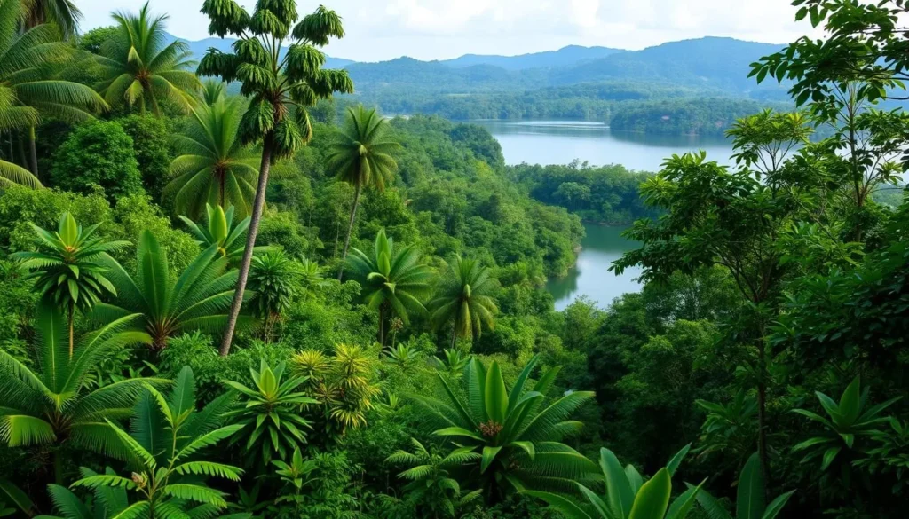 Lush rainforest surrounding Lake Mainstay with diverse tropical vegetation