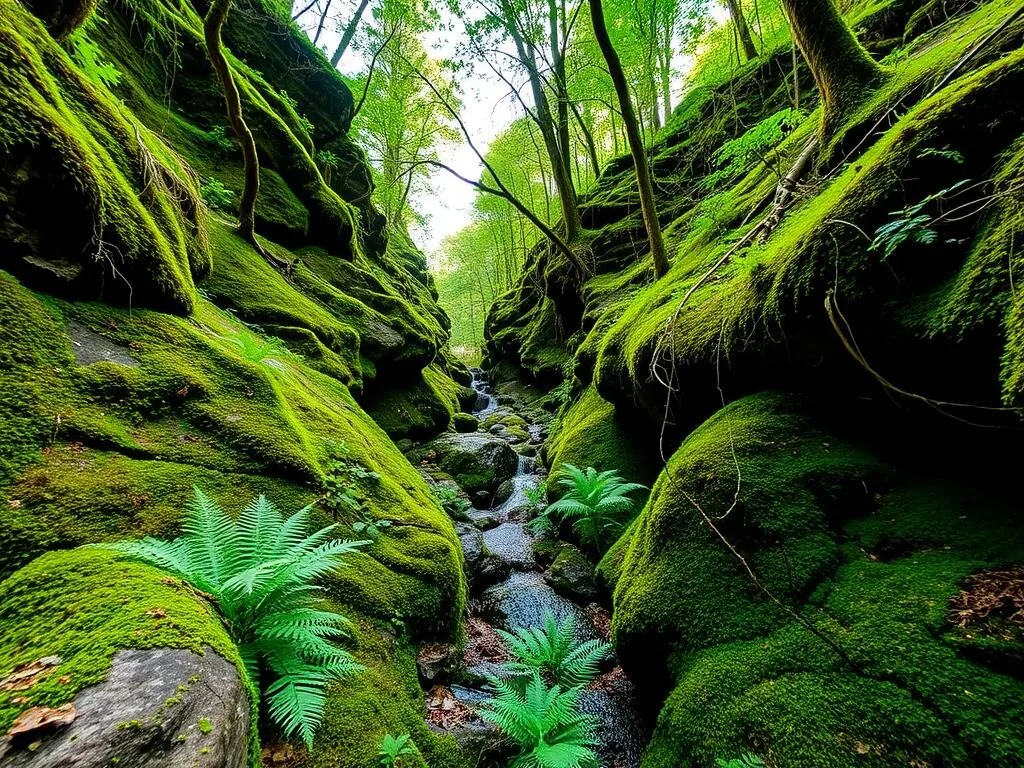 Lush ravine with ferns and moss-covered rocks at Castle Rock State Park Illinois Lush ravine with ferns and moss-covered rocks at Castle Rock State Park Illinois