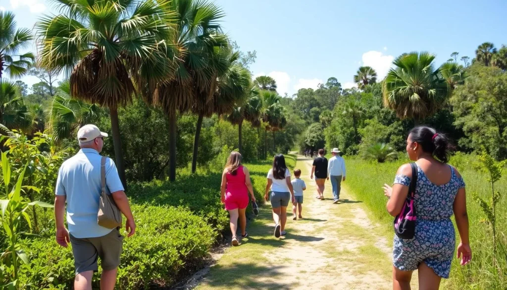 Lush tropical entrance pathway to Wekiwa Springs State Park with diverse visitors walking on trail Lush tropical entrance pathway to Wekiwa Springs State Park with diverse visitors walking on trail