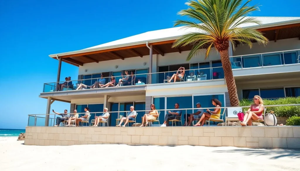 Luxury beachfront accommodation at Bunker Bay near Dunsborough, Western Australia with tourists relaxing on a terrace Luxury beachfront accommodation at Bunker Bay near Dunsborough, Western Australia with tourists relaxing on a terrace