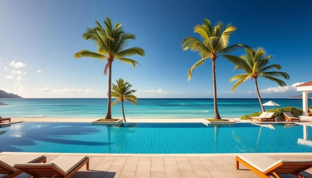 Luxury beachfront resort in St. Kitts with infinity pool overlooking the Caribbean Sea Luxury beachfront resort in St. Kitts with infinity pool overlooking the Caribbean Sea