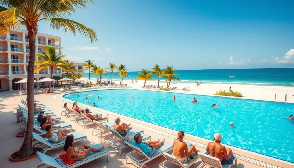 Luxury beachfront resort in Varadero with swimming pool and palm trees