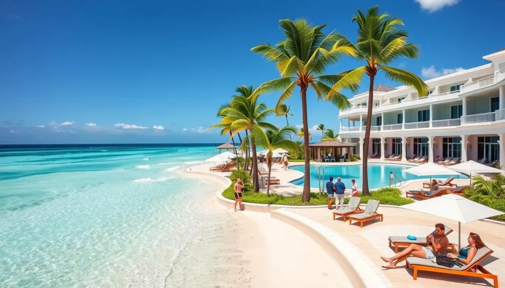 Luxury beachfront resort on Seven Mile Beach Grand Cayman with swimming pool and palm trees