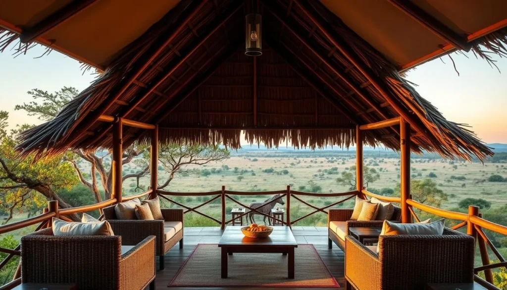 Luxury safari lodge overlooking Lake Mburo National Park with comfortable outdoor seating area