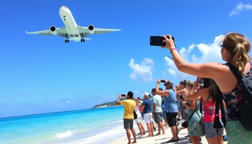 Maho Beach with plane landing overhead and tourists watching Maho Beach with plane landing overhead and tourists watching