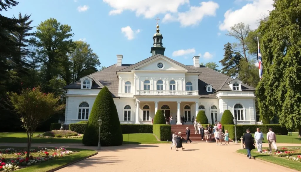 Main house at Yasnaya Polyana estate with beautiful gardens
