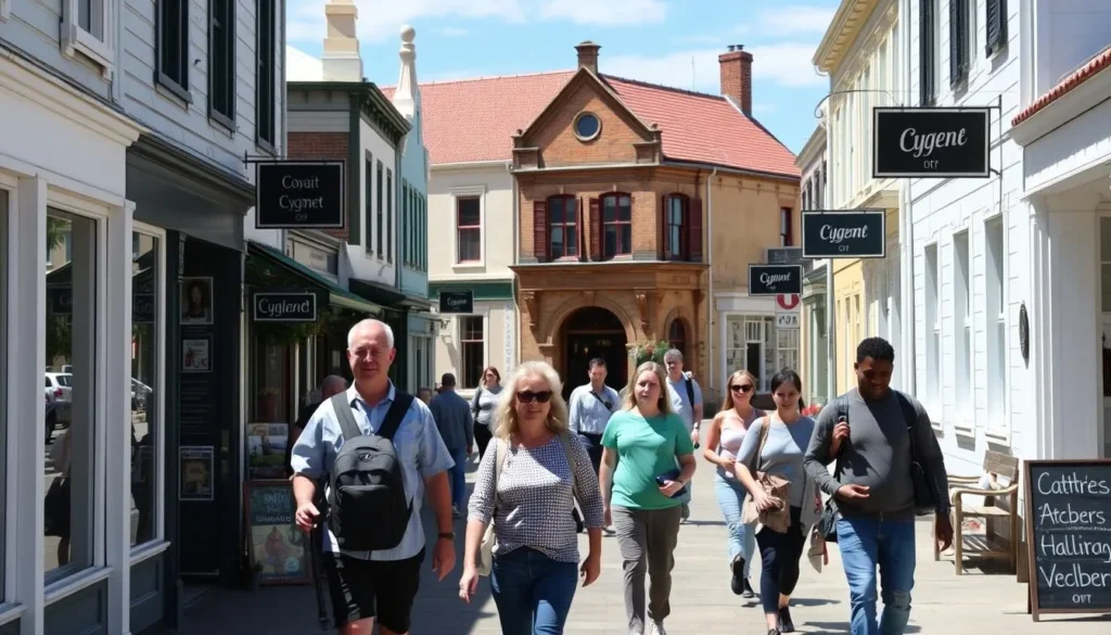 Main street of Cygnet Tasmania with people walking and exploring shops