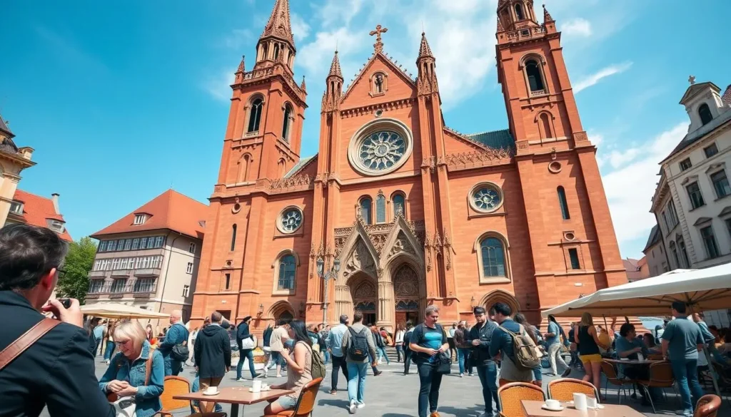 Mainz Cathedral (Dom St. Martin) with tourists exploring the square