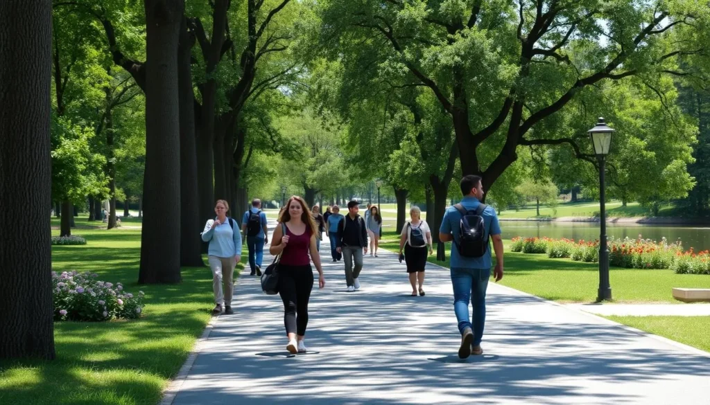 Maksimir Park in Zagreb with diverse tourists walking along tree-lined paths and a lake visible in the background
