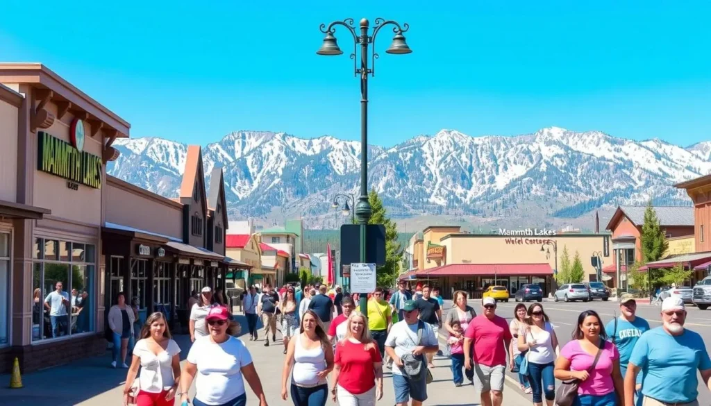 Mammoth Lakes town center with mountains in background Mammoth Lakes town center with mountains in background