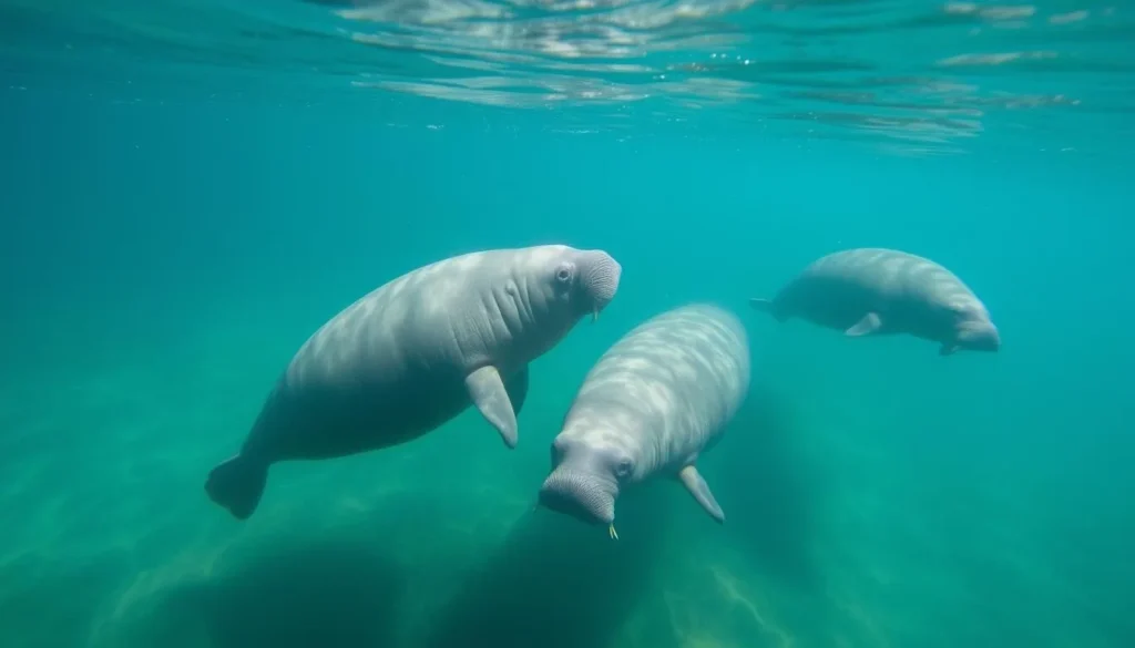 Manatees swimming in the crystal clear waters of Manatee Springs during winter