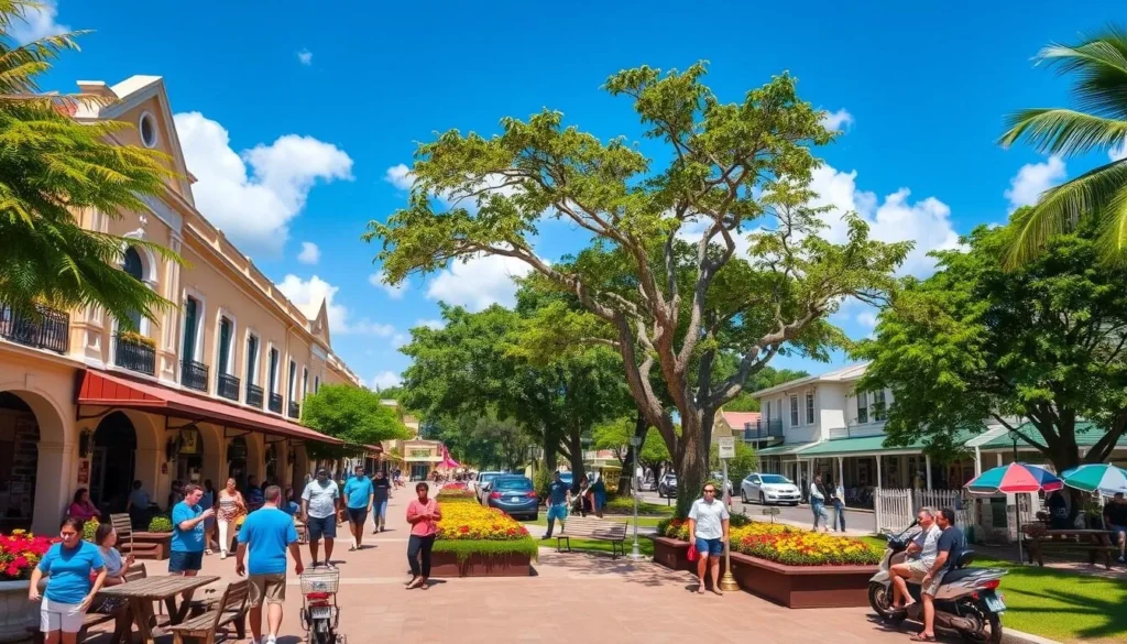 Mandeville town center on a sunny day with blue skies and lush greenery