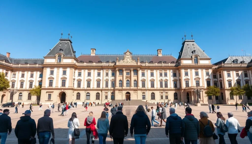 Mannheim Baroque Palace facade with visitors in the foreground on a sunny day