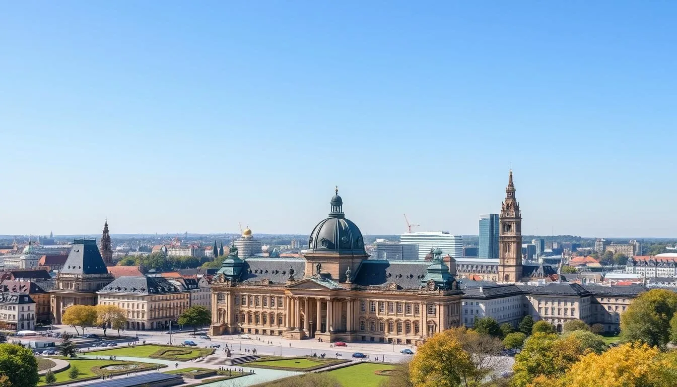 Mannheim-city-skyline-with-the-Baroque-Palace-visible-in-the-foreground-on-a-sunny-day Mannheim city skyline with the Baroque Palace visible in the foreground on a sunny day