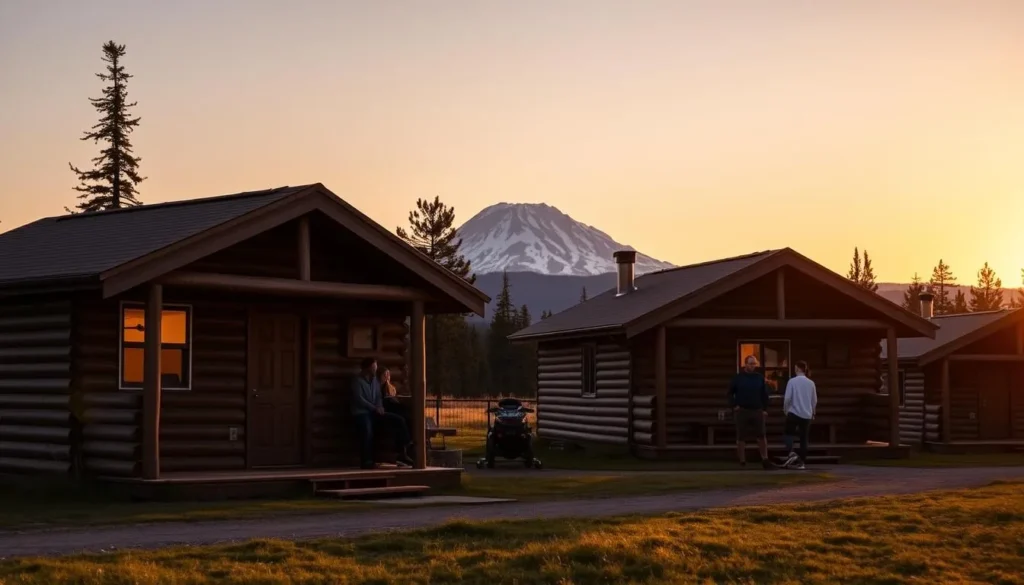 Manzanita Lake Cabins with Mount Lassen California things to do visible in the background at sunset Manzanita Lake Cabins with Mount Lassen California things to do visible in the background at sunset