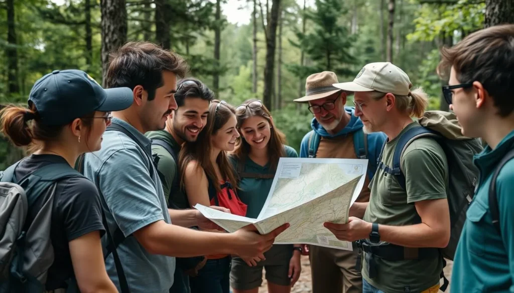 Map board at Moraine State Park trailhead with hikers planning their route Map board at Moraine State Park trailhead with hikers planning their route